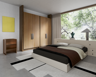A bedroom with wooden wardrobe featuring metal door handles by new American brand Petra