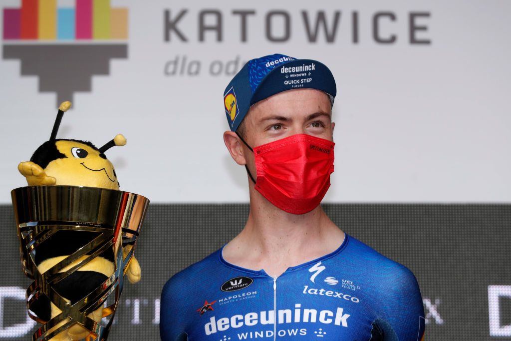 KATOWICE POLAND AUGUST 14 Rmi Cavagna of France and Team Deceuninck QuickStep celebrates winning the stage on the podium ceremony after the 78th Tour de Pologne 2021 Stage 6 a 19km Individual Time Trial stage from Katowice to Katowice TourdePologne TDP2021 UCIWT on August 14 2021 in Katowice Poland Photo by Bas CzerwinskiGetty Images