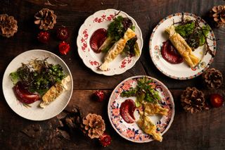 Jamie Oliver's delicious Christmas cheesy filo parcels with a tangy cranberry dip.