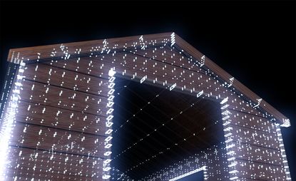 Front of a building with lots of fairy lights 