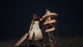 Pyramid Head holding a survivor prisoner in Dead by Daylight.