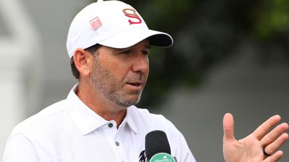 Sergio Garcia speaks to the media during a Masters practice round