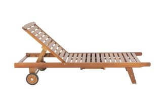 A wooden sun lounger with wheels