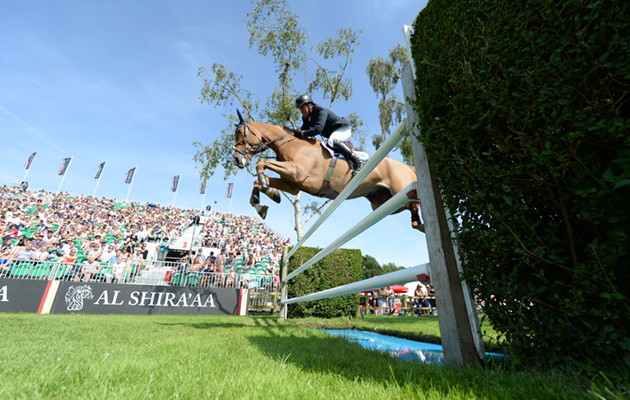 William FUNNELL riding BILLY BUCKINGHAM in The Al Shira'AA Derby in the International jumping competition during The Al Shira'AA Hickstead Derby Meeting at the All England Jumping Course at Hickstead near Haywards Heath in West Sussex in the UK on 24th June 2018