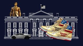 A collage showing the official White House logo, the National Design Studio logo, an image of a gold Donald Trump statue, gold Donald Trump sneakers with text that says Trump 2028 and a Tesla Cybertruck