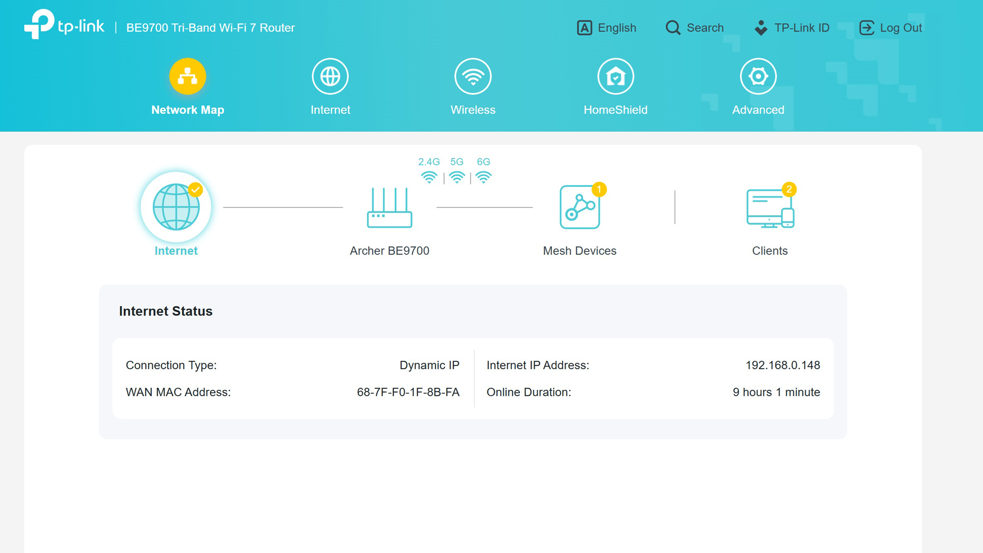 TP-Link Archer BE9700 web screenshot