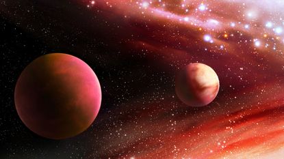 Planets in colorful space with constellations and nebula.