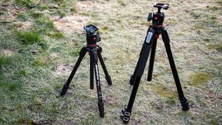 A photo showing the size difference between the Manfrotto 190 Go! and MK055XPRO3 BHQ-2 tripod