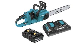 teal chainsaw and two batteries
