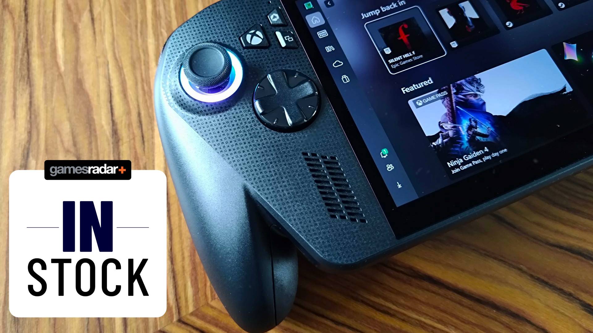 Close up of ROG Xbox Ally X handheld next to GamesRadar+ In Stock label.