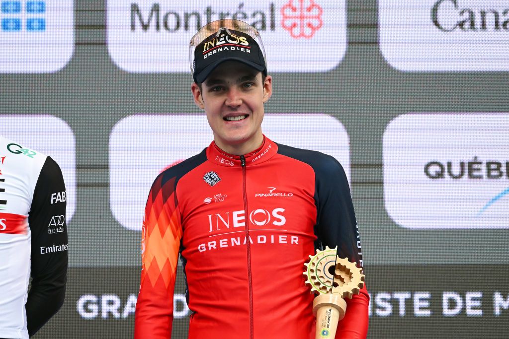 MONTREAL QUEBEC SEPTEMBER 10 Pavel Sivakov of France and Team INEOS Grenadiers celebrates at podium as second place winner during to the 12th Grand Prix Cycliste de Montreal 2023 a 2214km one day race from Montreal to Montreal UCIWT on September 10 2023 in Montreal Quebec Photo by Dario BelingheriGetty Images