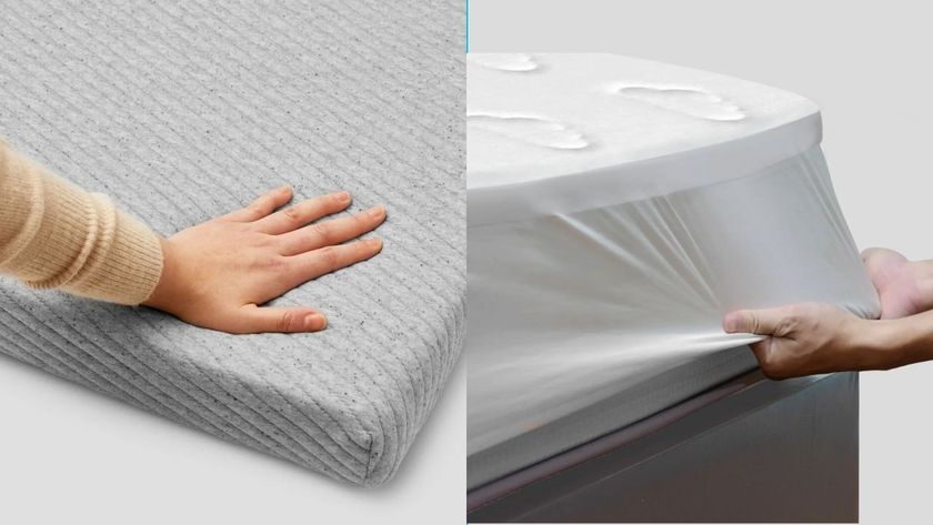 A hand feeling the Casper Comfy mattress topper next to someone fitting the Puffy Deluxe mattress topper 