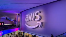 Logo of Amazon Web Services (AWS), developer of the Amazon S3 storage service, pictured at the Venetian Hotel and Casino Conference Center in Las Vegas during AWS re:Invent 2025.