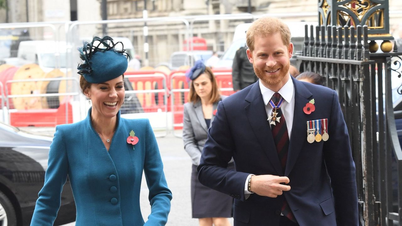 Prince Harry and Kate Middleton laughing as they attend ANZAC day service together 