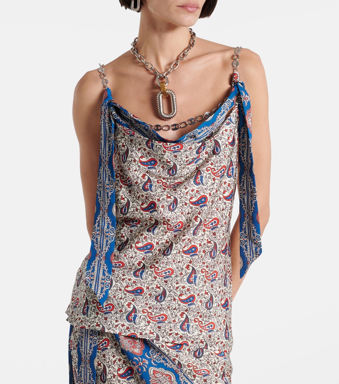 Chain-Detail Paisley Satin Camisole