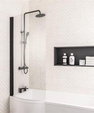 shower over bath with black inset shelf on wall