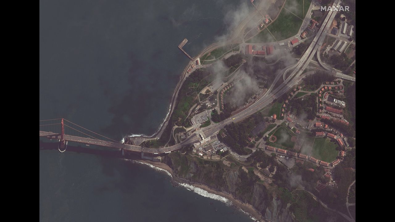 The Golden Gate Bridge and Chrissy Park, San Francisco, on March 16, 2020.