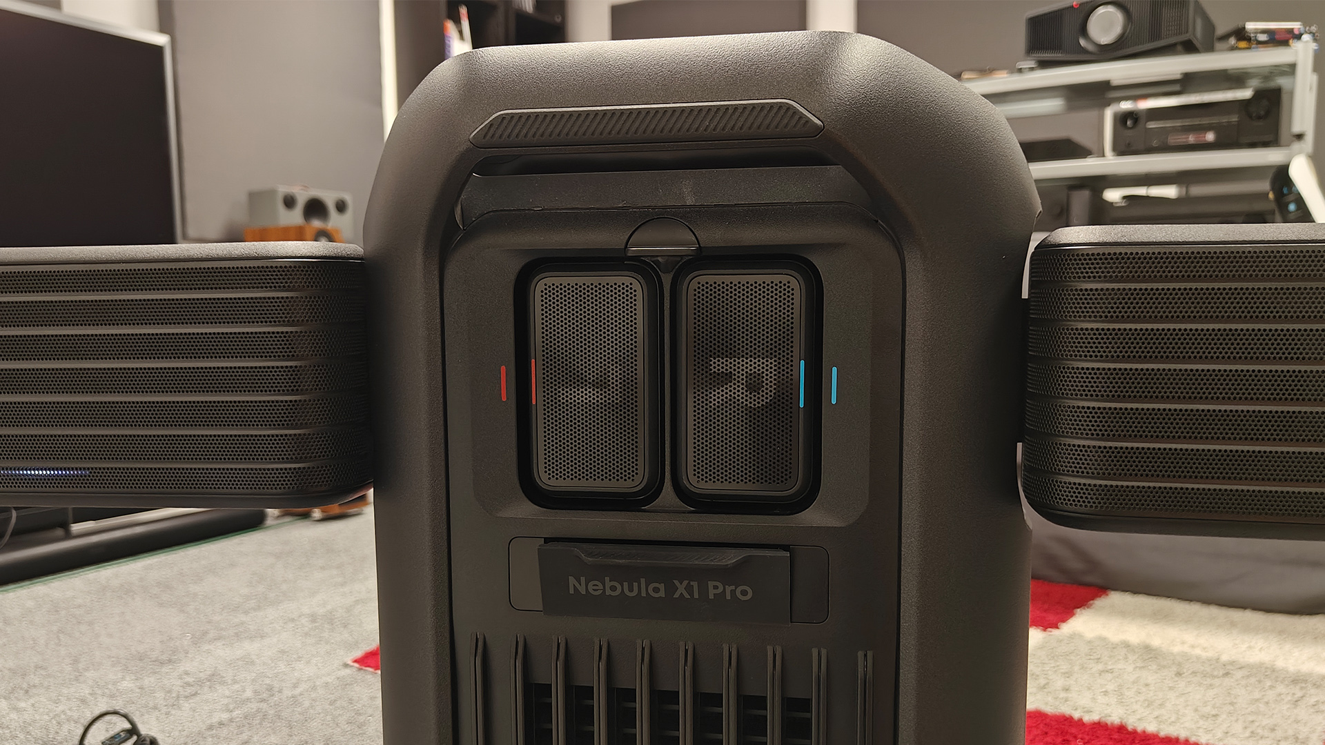 Soundcore Nebula X1 Pro home cinema projector with two speakers extended