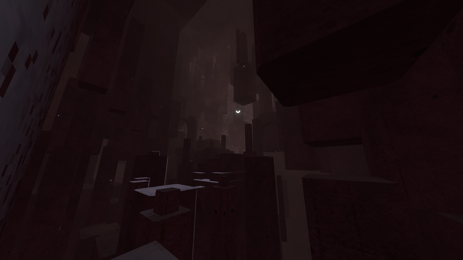 Darkened view of strange, brutalist interior cave approaching some manner of resolving point in Lorn's Lure