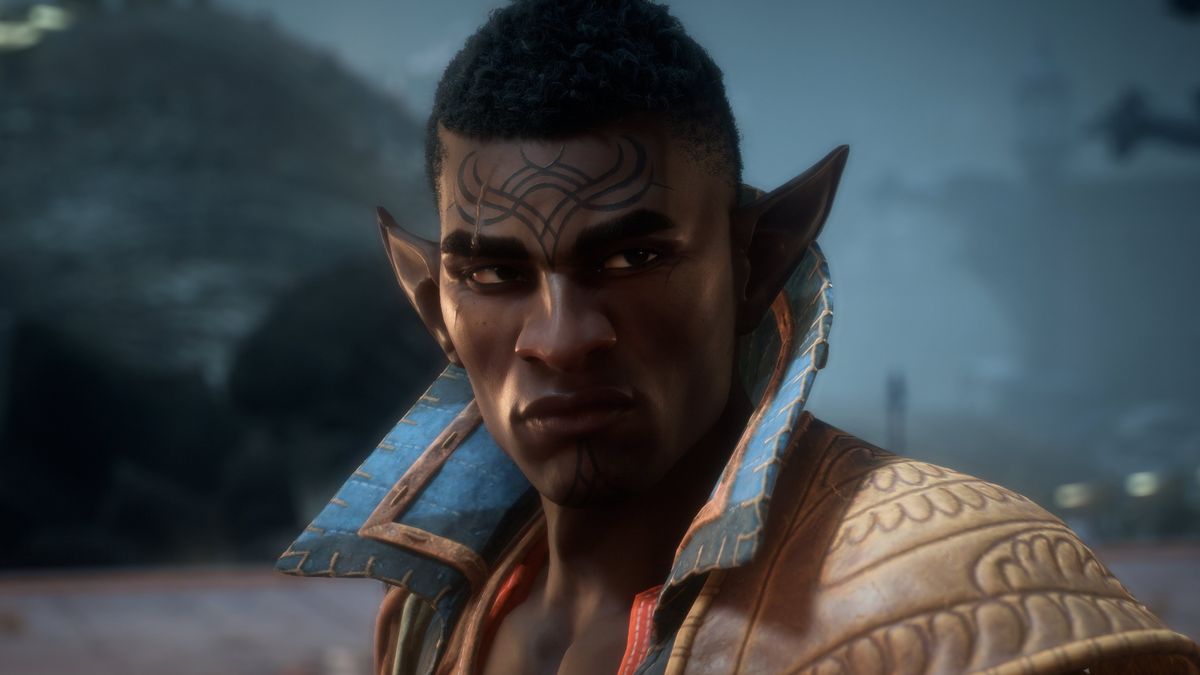 Dragon Age: The Veilguard - Davrin looks serious on a battlefield