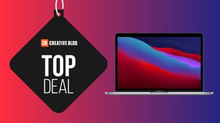 A product image of the MacBook Pro 13-inch M1 2020 on a colourful background with the words top deal