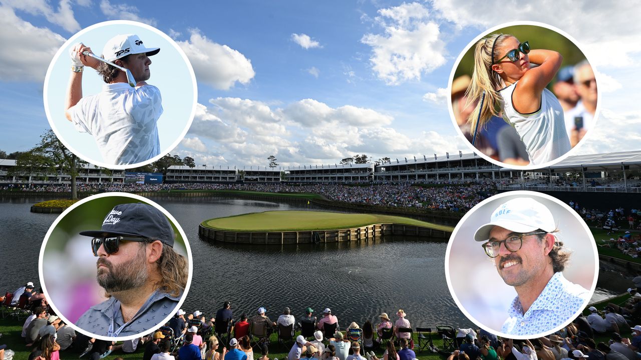 TPC Sawgrass&#039; 17th hole and inset pictures of Grant Horvat, Fat Perez, Gabby Golf Girl and George Bryan