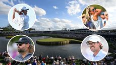 TPC Sawgrass' 17th hole and inset pictures of Grant Horvat, Fat Perez, Gabby Golf Girl and George Bryan