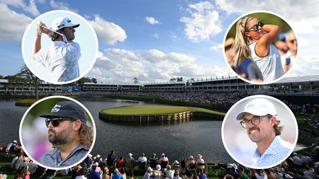 TPC Sawgrass' 17th hole and inset pictures of Grant Horvat, Fat Perez, Gabby Golf Girl and George Bryan