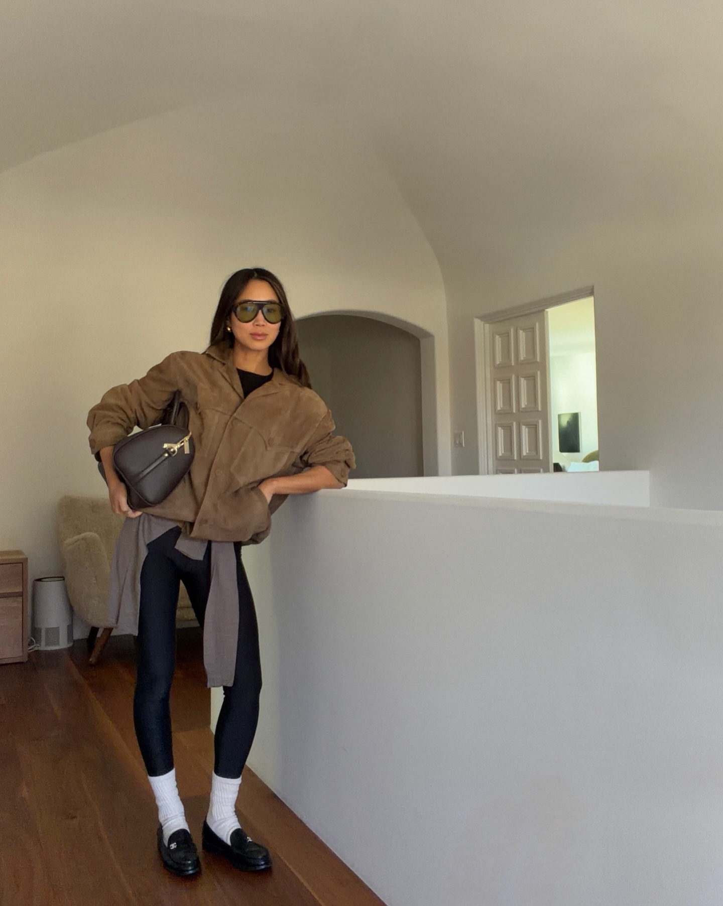 Loafers with leggings outfit on Aimee Song.