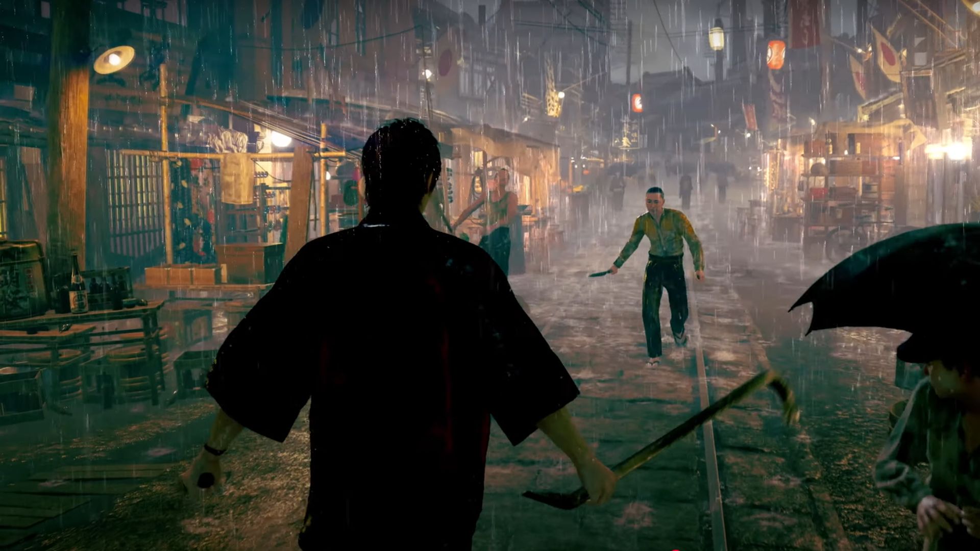 Two men in the rain about to fight during the trailer for Stranger Than Heaven.