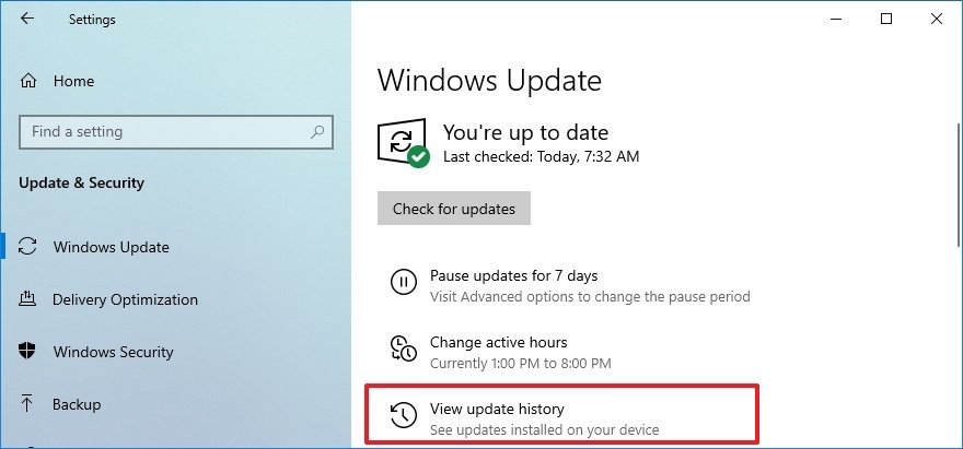 Windows 10 view update history option