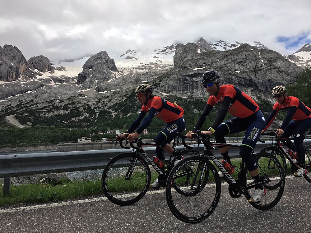 The Bahrain-Merida riders at the summit of the Marmolada