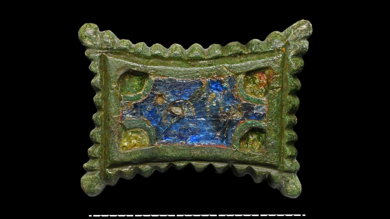 During excavations at the church, archaeologists discovered this enameled brooch from the ninth century.