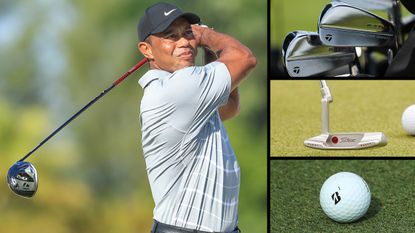 Tiger Woods hits a drive with some of his equipment featuring in a montage