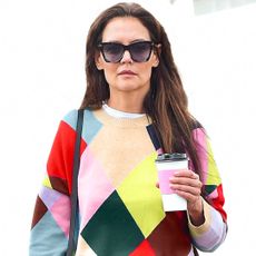 Katie Holmes was spotted in L.A. wearing a diamond, multi-color sweater from Boden