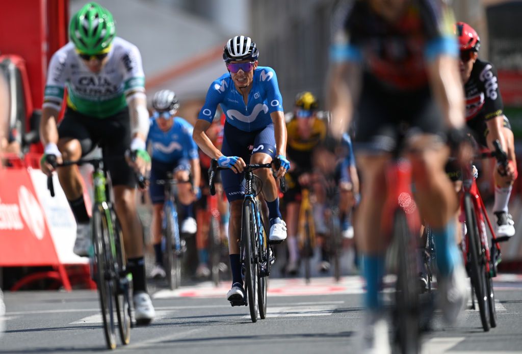 MONFORTE DE LEMOS SPAIN SEPTEMBER 03 Enric Mas Nicolau of Spain and Movistar Team crosses the finishing line during the 76th Tour of Spain 2021 Stage 19 a 1912 km stage from Tapia to Monforte de Lemos lavuelta LaVuelta21 on September 03 2021 in Monforte de Lemos Spain Photo by Stuart FranklinGetty Images