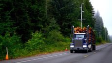 A lumber carrying freight truck