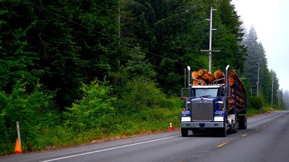 A lumber carrying freight truck