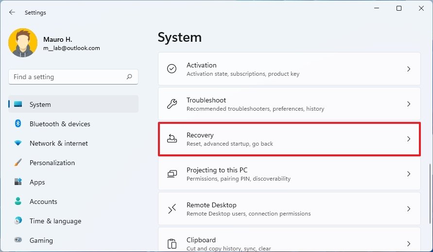 Open Recovery settings