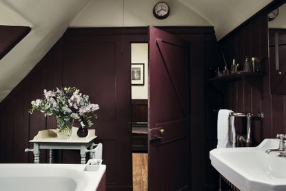 a burgundy bathroom