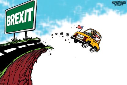 Editorial cartoon Brexit driving off cliff