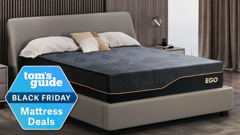 EGOHOME Black 14&quot; Memory Foam Mattress in a bedroom, with a Tom&#039;s Guide Black Friday Mattress Deals badge overlaid