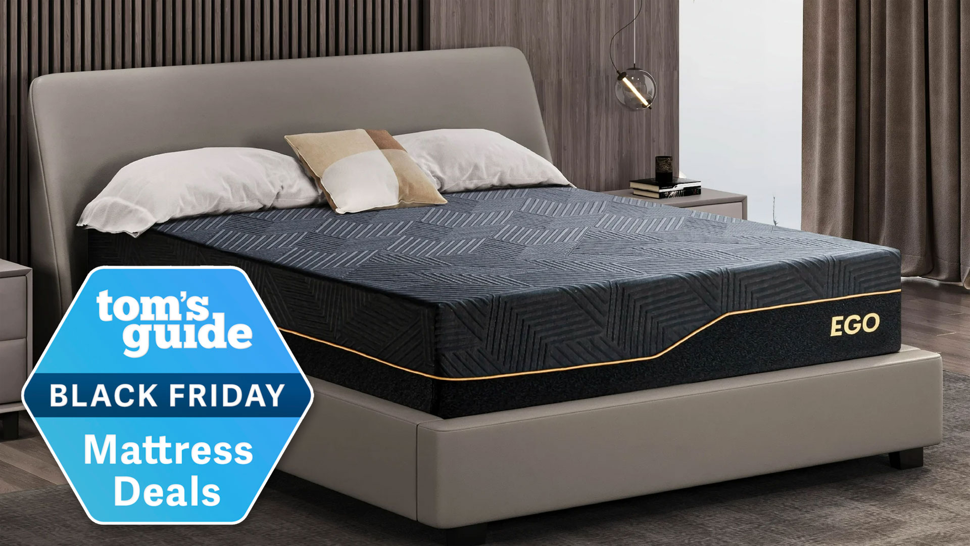 EGOHOME Black 14&quot; Memory Foam Mattress in a bedroom, with a Tom&#039;s Guide Black Friday Mattress Deals badge overlaid