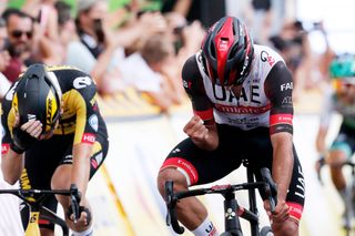 RZESZOW POLAND AUGUST 11 Fernando Gaviria Rendon of Colombia and UAE Team Emirates celebrates at finish line as stage winner during the 78th Tour de Pologne 2021 Stage 3 a 226km stage from Sanok to Rzeszw TourdePologne TDP2021 UCIWT on August 11 2021 in Rzeszow Poland Photo by Bas CzerwinskiGetty Images