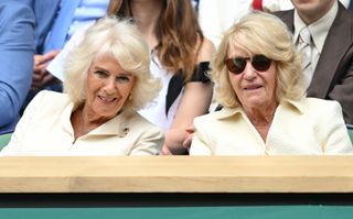 Queen Camilla Attends Wimbledon with sister Annabel Elliot on July 10, 2024.