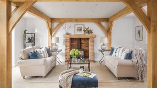 oak framed living room with inglenook fireplace