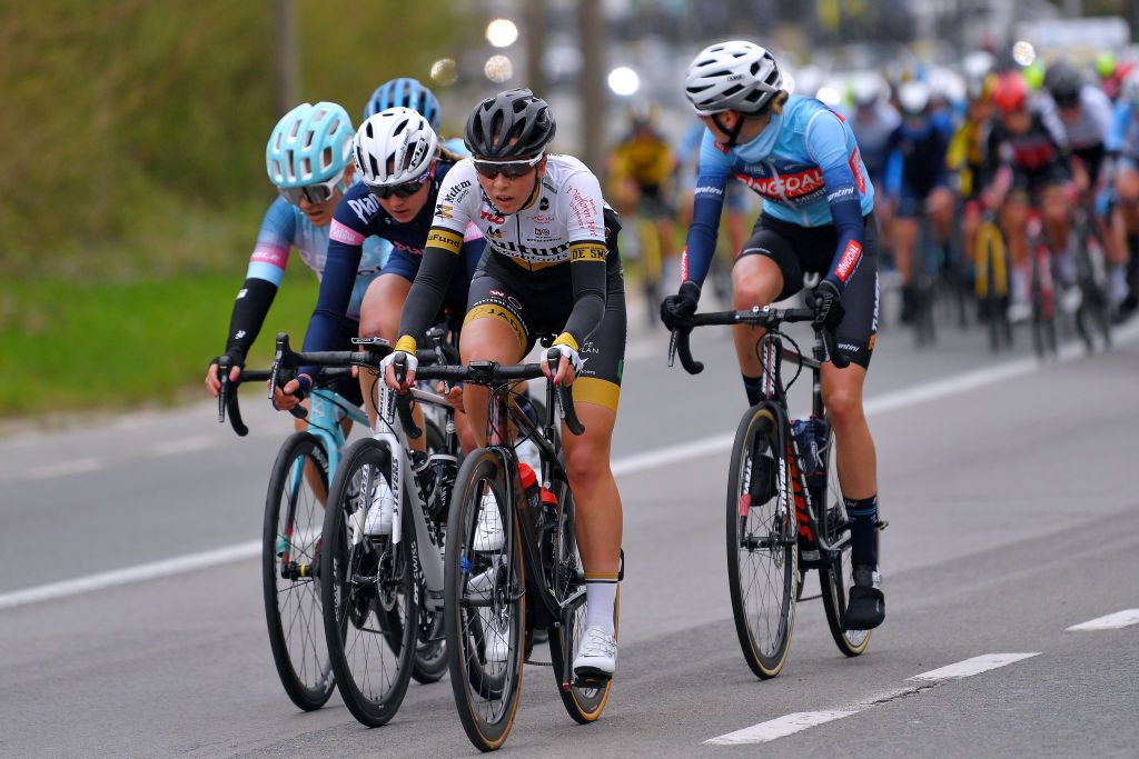 OUDENAARDE BELGIUM APRIL 04 Marijke De Smedt of Belgium and Team Multum Accountants Lsk Ladies CT Kelly Van Den Steen of Belgium and Team Bingoal Casino Chevalmeire during the 18th Ronde van Vlaanderen Tour of Flanders 2021 Womens Elite a 1524km race frim Oudenaarde to Oudenaarde Breakaway RVV21 rondevanvlaanderen tourofflanders UCIWWT on April 04 2021 in Oudenaarde Belgium Photo by Luc ClaessenGetty Images