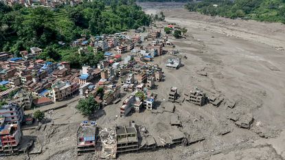 An aerial view of the aftermath of a flood. 
