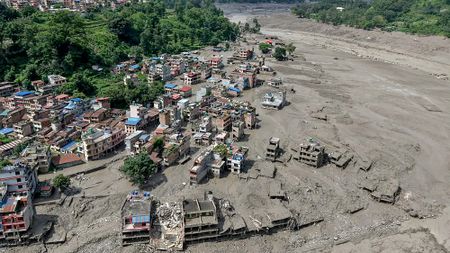 An aerial view of the aftermath of a flood. 