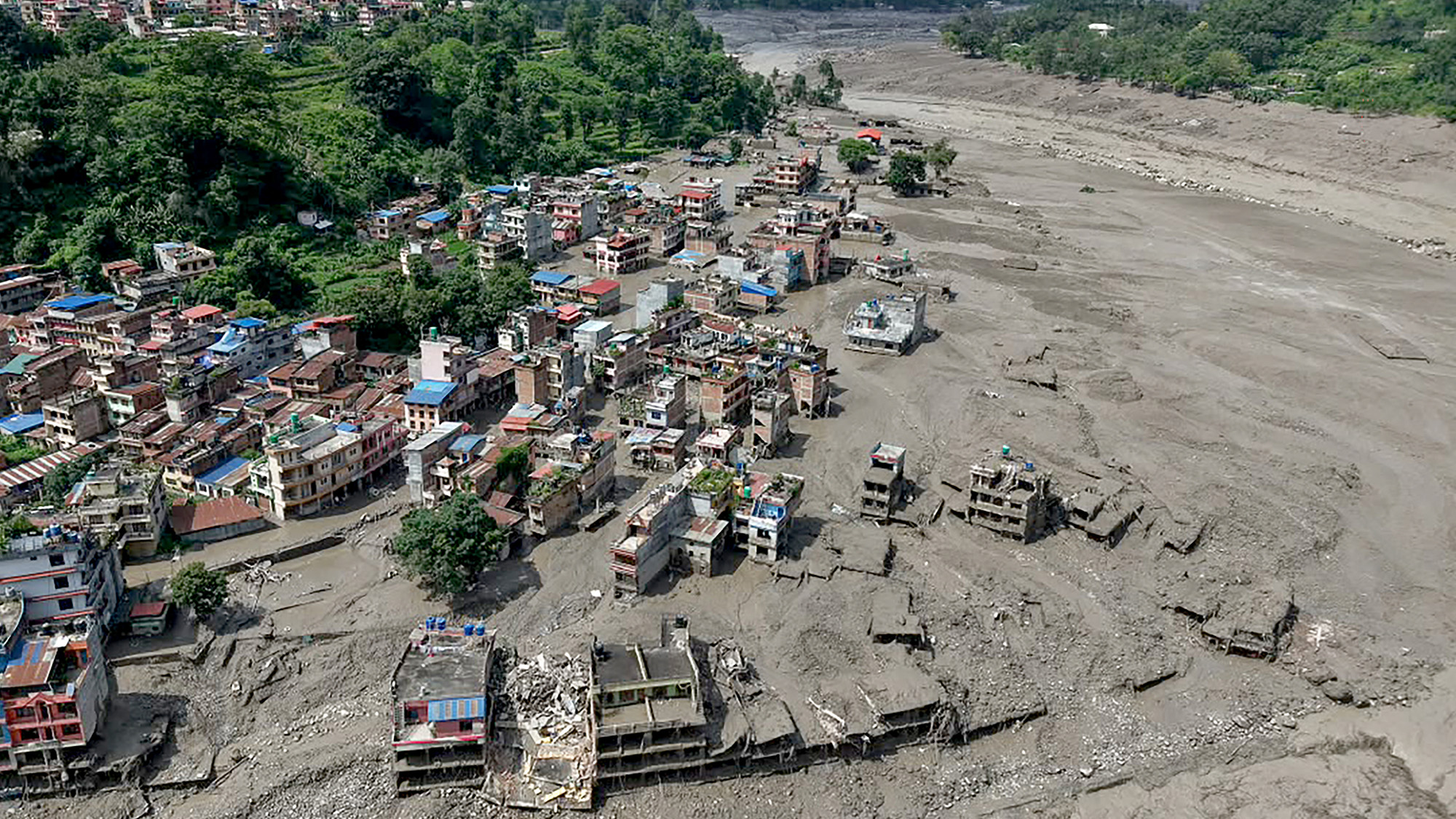 An aerial view of the aftermath of a flood. 